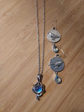 Silver Blue Opal Pendant Necklace and Bird Drop Earrings Set